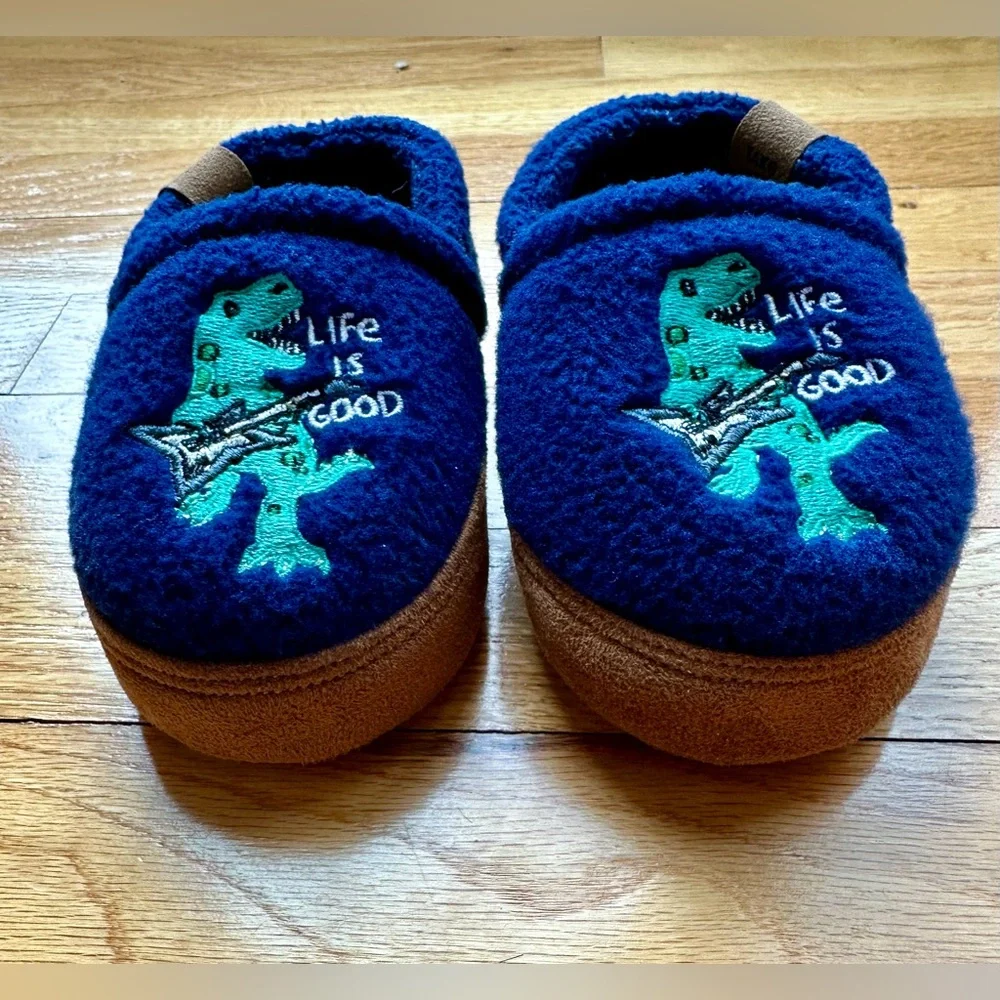 Life Is Good Dinosaur Slippers Navy Blue Guitar T-Rex - Toddler Size 7/8M Fleece